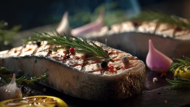 Delicious grilled salmon steak with rosemary and spices, ready to serve