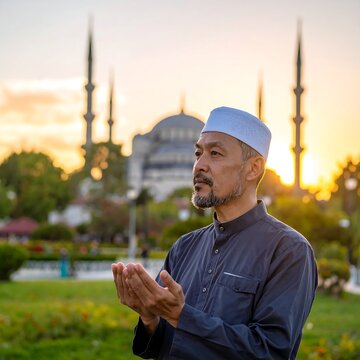An Asian man wearing a white cap and traditional clothes with his hands open in prayer, a mosque background
