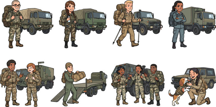 Military army soldier vector set with diverse infantry troops cargo trucks flatbed trailers and service dogs