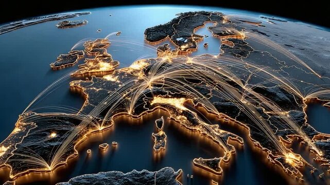Global Connections: An illuminated map of Europe glows with interconnected light trails, symbolizing worldwide communication, transportation networks, and the digital age.