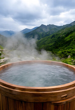 Wooden hot tub with steaming water in a mountain landscape, Outdoor relaxation and wellness