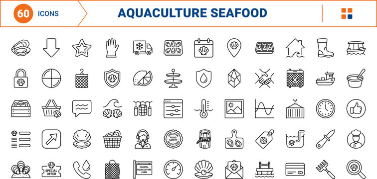 Oyster farm website line icon set. Vector pictograms of aquaculture, shellfish, harvesting, and seafood elements, thin linear illustration.