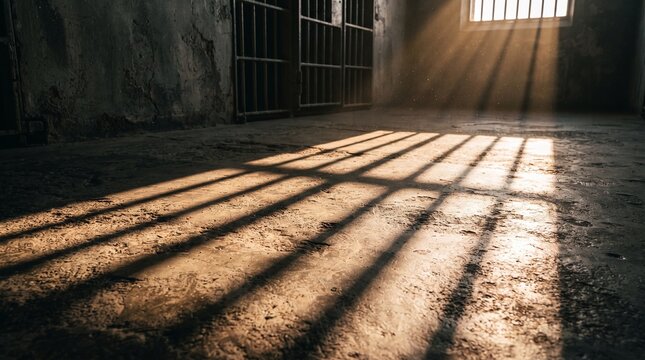 Warm sunlight streaming through a barred window casting long iron bar shadows on a rough concrete floor with floating dust particles in a dark prison cell room, wide angle horizontal banner