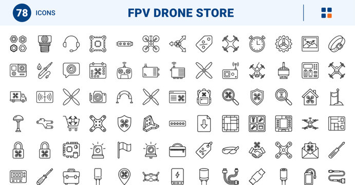 Drone Racing Store line icon set. Vector pictograms of fpv drones, quadcopter parts, racing gear, and store interface elements, thin linear illustration.