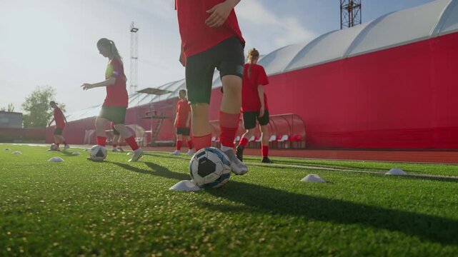Dynamic womens soccer training session on artificial turf with coordinated dribbling drills, cones, and teamwork in bright daylight practice environment