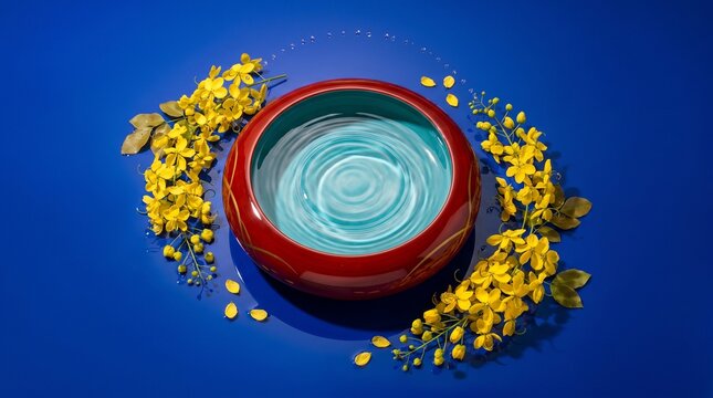 Overhead padauk and turquoise water arrangement for Thingyan
