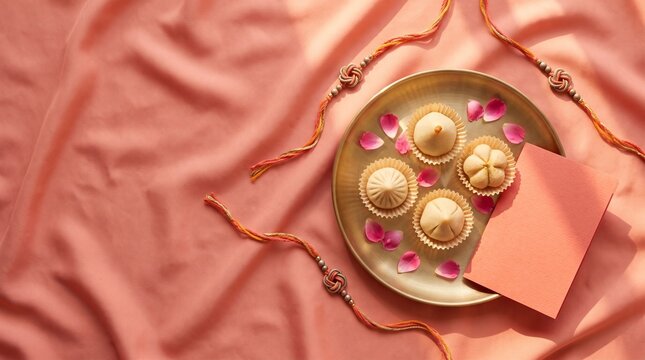 Handmade rakhi and mithai on a coral gifting tray
