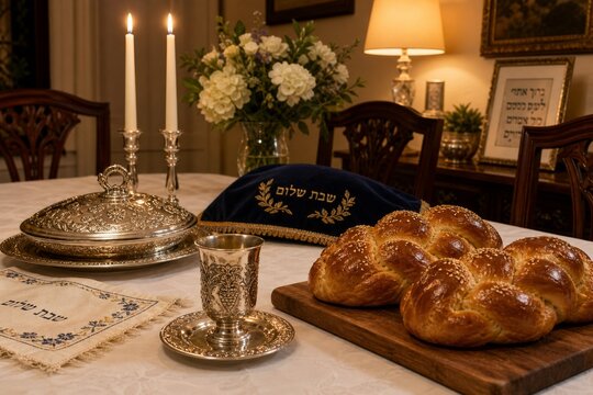 A Shabbat table set with a white linen cloth, silver cup, and braided challah bread, warm ambient light.