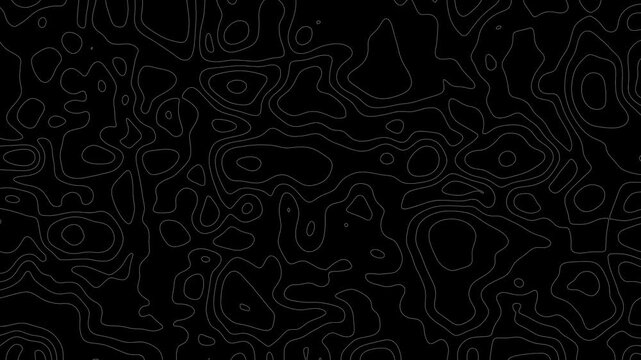 Animated white topographic contour map on black background with alpha channel. Smooth wave motion and moving terrain lines. Black and white seamless pattern 4K. cartography geographic terrain pattern,
