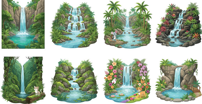Nature waterfall landscape vector pack with exotic tropical jungle cascades rocks flowers and green trees illustration