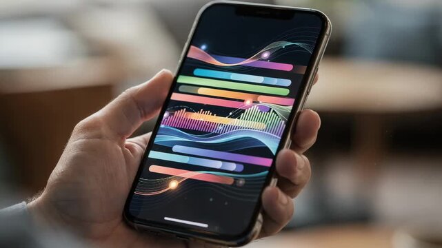 Closeup medium shot of a smartphone showing adaptive bitrate quality levels and network speed updates while the users surroundings remain softly blurred.