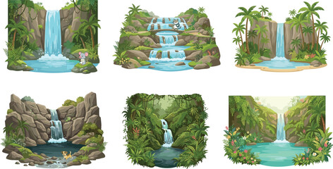 Beautiful waterfall landscape vector set with tropical jungle cascades rivers rocks and lush green trees illustration © MdNipon