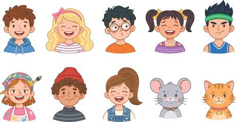 Cute kids avatar vector set with diverse children faces expressions cartoon characters portraits and smiling animals