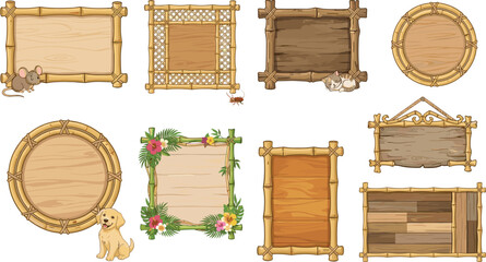 Bamboo frames and wooden signs vector illustration collection empty rustic borders banners cute cartoon animals isolated