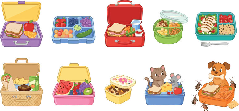 Cute lunch box vector set with healthy school food snacks meals cute animals and insects illustration