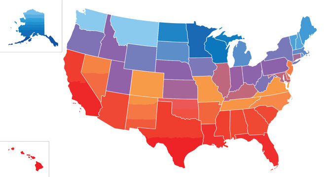 US Map, Colorful United States climate map vector graphic featuring temperature gradients from cold northern blue states to hot southern red states with Alaska and Hawaii insets