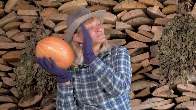 Smiling woman gardener in plaid shirt and hat throws up ripe orange pumpkin against of stacked firewood. Female expressing joy and satisfaction with autumn harvest of vegetable.