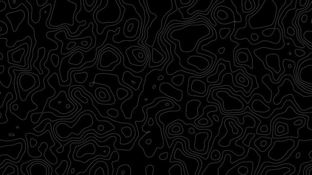 Animated white topographic contour map on black background with alpha channel. Smooth wave motion and moving terrain lines. Black and white seamless pattern 4K. cartography geographic terrain pattern,