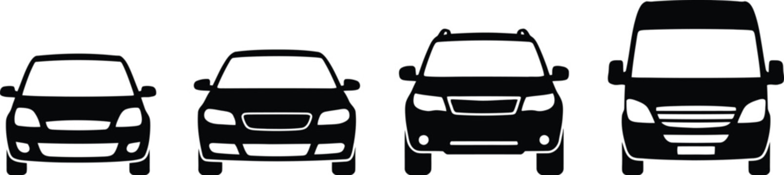Four Different Types Of Vehicles Front View Icons Simple Design