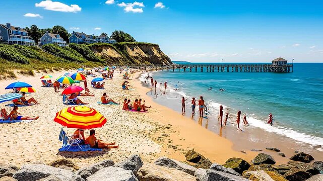 Beach transition from black and white to color showing people swimming near long ocean pier.