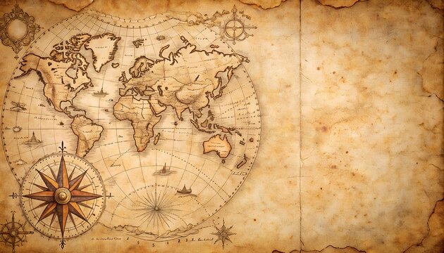 アンティーク調の世界地図と羅針盤が描かれた羊皮紙風ヴィンテージ背景素材
