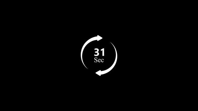 Animated 31 Seconds Countdown Timer with Rotating Arrows on Clean Black Background for Digital Clock Interval Training and Workout Timing Presentation Video Asset.4k stock Video
