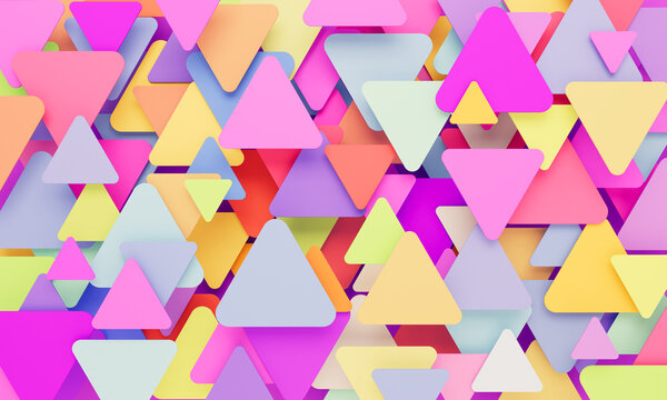 Abstract 3D render featuring layered colorful rounded triangles with soft gradients. Vibrant geometric background for branding, packaging, presentations, banners, wallpaper, and modern design.