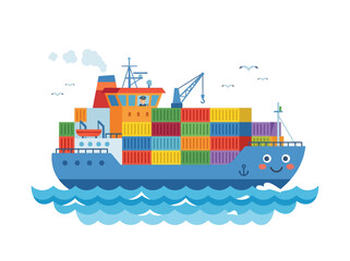 Cute Cartoon Cargo Ship Carrying Colorful Containers on Wavy Blue Ocean.