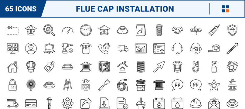 Chimney cap installation line icon set. Vector pictograms of installer, flue, roof, and spark elements, thin linear illustration.