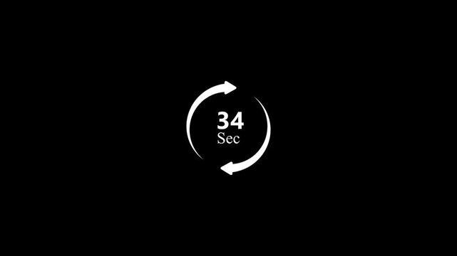 Animated 34 Seconds Countdown Timer with Rotating Arrows on Clean Black Background for Digital Clock Interval Training and Workout Timing Presentation Video Asset.