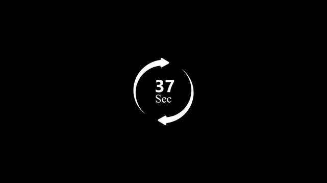 Animated 37 Seconds Countdown Timer with Rotating Arrows on Clean Black Background for Digital Clock Interval Training and Workout Timing Presentation Video Asset.