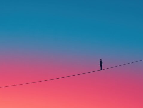 silhouette of a person on a tightrope at sunset