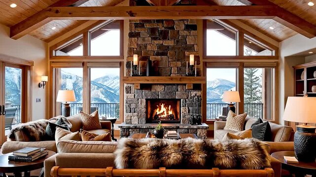 Rustic mountain lodge living room zoom out showing snowy peaks and warm stone fireplace cam.