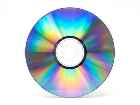 Blank compact disc CD DVD with iridescent rainbow light reflection on white background