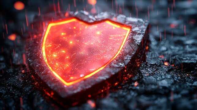 Fiery shield embedded in dark stone, under digital rain.