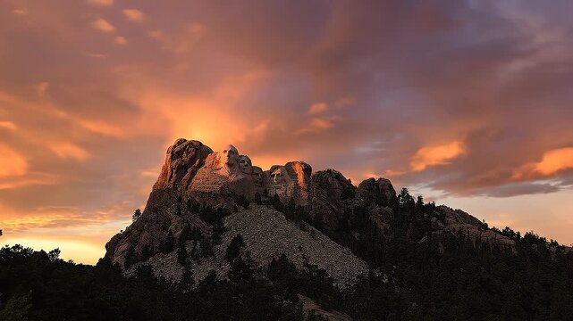Mount Rushmore national memorial time lapse cloudy sky to stunning colorful sunset dramatic light.