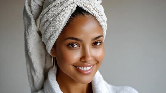 A Radiant Smile After a Spa Day: A young woman with a bright smile and a towel wrapped around her hair looks refreshed and relaxed after a pampering session.