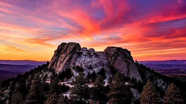 Mount rushmore national memorial timelapse featuring majestic sunset over granite sculptures.