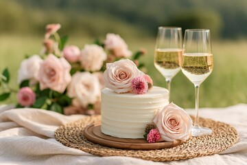 Naklejka premium Small white wedding cake adorned with blush pink roses sits with two glasses of bubbly champagne on a woven mat in outdoor picnic setting for intimate celebration for a couple