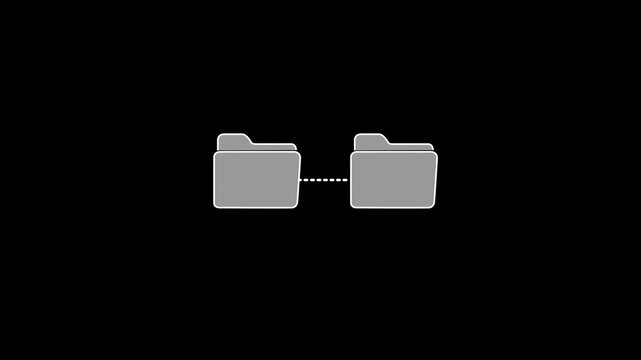 Animated Data Transfer Icon with Connecting Folders on Clean Black Background for File Sharing and Network Synchronization Concept Presentation Video Asset.