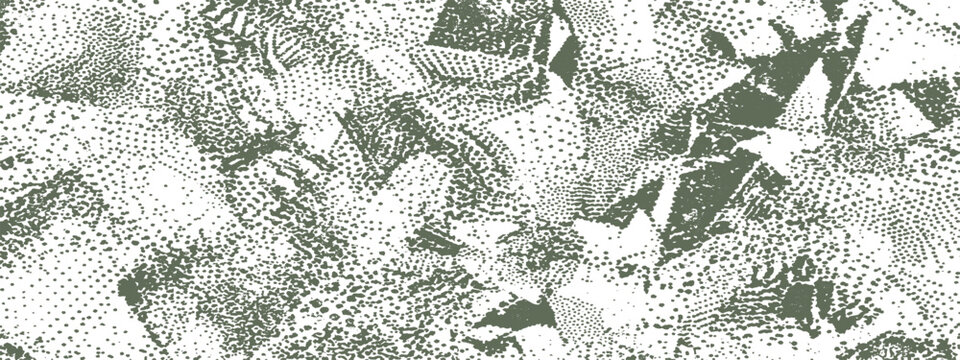 Abstract geometric pattern with textured dots in olive green and white on a white background