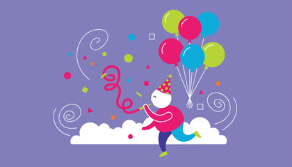Fototapeta premium Cute abstract character celebrating a birthday party with colorful balloons and blower on a purple background.