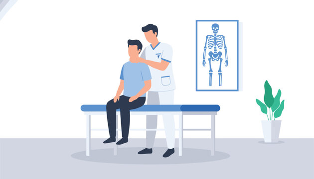 Professional chiropractor in uniform examining a male patient on a medical couch in a clean clinic office.
