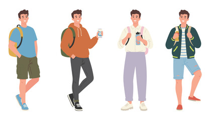 Obraz premium Group of four diverse and stylish young men in casual summer outfits standing with backpacks and holding beverage cans.