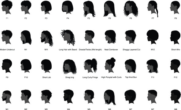 Collection of Black Silhouettes of Diverse Male and Female Hairstyles and Beards vector illustration
