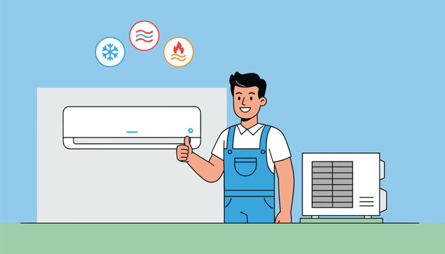 Professional air conditioning technician in blue overalls showing thumbs up next to indoor split system and outdoor AC unit.