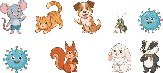 Cute cartoon animals and virus characters vector illustration set funny mouse cat dog badger isolated on white