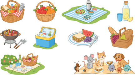 Fototapeta premium Picnic vector illustration set with food baskets barbecue cooler blanket and cute cartoon animals isolated on white