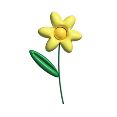 3D render of a cute yellow daisy flower (Bellis perennis) with green leaf isolated on transparent background. Modern cartoon floral design icon for graphic composition. © upen