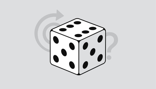 Isometric white gambling dice with black dots showing random numbers on a light grey background with a question mark.